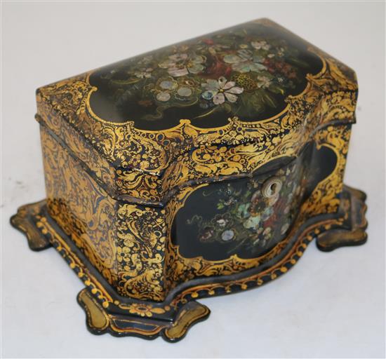 A Victorian papier mache tea caddy, 10in.